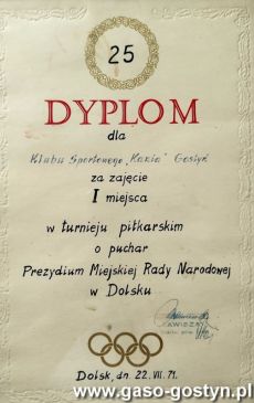 838.Dyplom dla Klubu Sportowego Kania Gostyn (1971 r.)