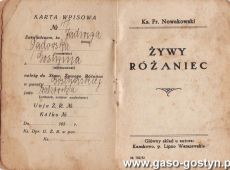 857.Karta wpisowa Stowarzyszenia Zywego Rozanca w parafii gostynskiej zelatorki Jadwigi Sadowskiej