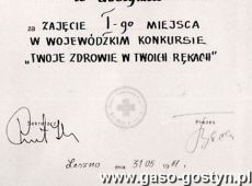 869. Dyplom dla Dpoldzielni Mleczarskiej w Gostyniu za zajecia I miejsca w konkursie TWOJE ZDROWIE W TWOICH REKACH (13.10.1987 r.)