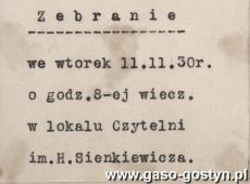 874. Zawiadomienie o zebraniu Katolickiego Kola Abstynentek w Gostyniu (11 listopada 1930 r.)