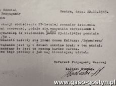 878.  Powiatowy Oddzial Informacji i Propagandy w Gostyniu - pismo referenta propagandy masowej Stefana Kaliskiego wzywajace do uczczenia rocznicy powstania armii radzieckiej (Gostyn, 22 listopada 1945 r.).JPG