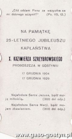 878.Pamiatka jubileuszu 25-lecia kaplanstwa ksiedza Kazimierza Szreybrowskiego - proboszcza parafii farnej w Gostyniu (1929 r.)