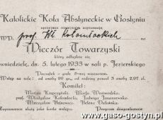 879. Zaproszenie na wieczor towarzyski organizowany przez Katolickie Kolo Abstynentow w Gostyniu (5 lutego 1933 r.)