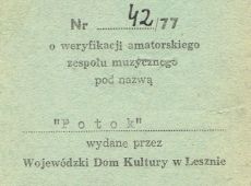 881. Zaswiadczenie weryfikacyjne zespolu muzycznego Potok pod kierownictwem Jana Czerwinskiego (16 pazdziernika 1977 r.)