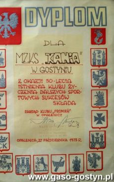 891.Dyplom dla MZKS Kania Gostyn z okazji 50-lecia istnienia klubu (1973 r.)