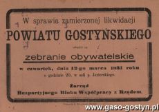 893. Ogloszenie informujace o zebraniu w sprawie likwidacji powiatu gostynskiego (Gostyn, 12 marca 1931 r.)
