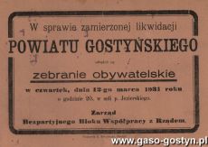 893. Ogloszenie informujace o zebraniu w sprawie likwidacji powiatu gostynskiego (Gostyn, 12 marca 1931 r.)