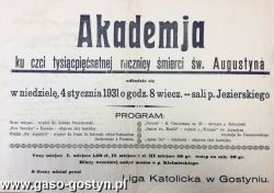 899.Afisz zachecajacy gostynian do udzialu w akademii ku czci tysiac piecsetnej smierci sw. Augustyna (1931 r.)