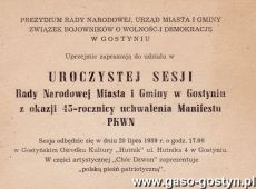 920.Zaproszenie na uroczysta sesje Rady Narodowej Miasta i Gminy w Gostyniu z okazji 45 rocznicy uchwalenia Manifestu PKWN (20 lipca 1989 r.)