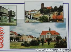 9255.Pocztowka z Gostynia (pomnik na Gorze Zamkowej, fragment miasta z kosciolem farnym, Rynek przed rewitalizacja)