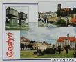 9255.Pocztowka z Gostynia (pomnik na Gorze Zamkowej, fragment miasta z kosciolem farnym, Rynek przed rewitalizacja)