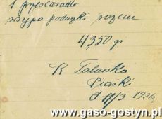954. Rachunek wystawiony w skladzie towarow blawatnych w Piaskach (1926 r.)