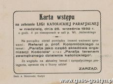 972.Karta wstepu na zebranie Ligi Katolickiej Parafialnej w Gostyniu (25 wrzesnia 1932 r.)